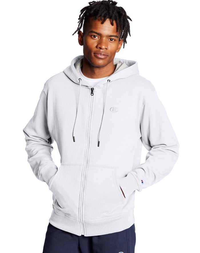 Champion Herre Hættetrøje Hvide - Powerblend Fleece Full Zip C Logo - Danmark BQM-485310